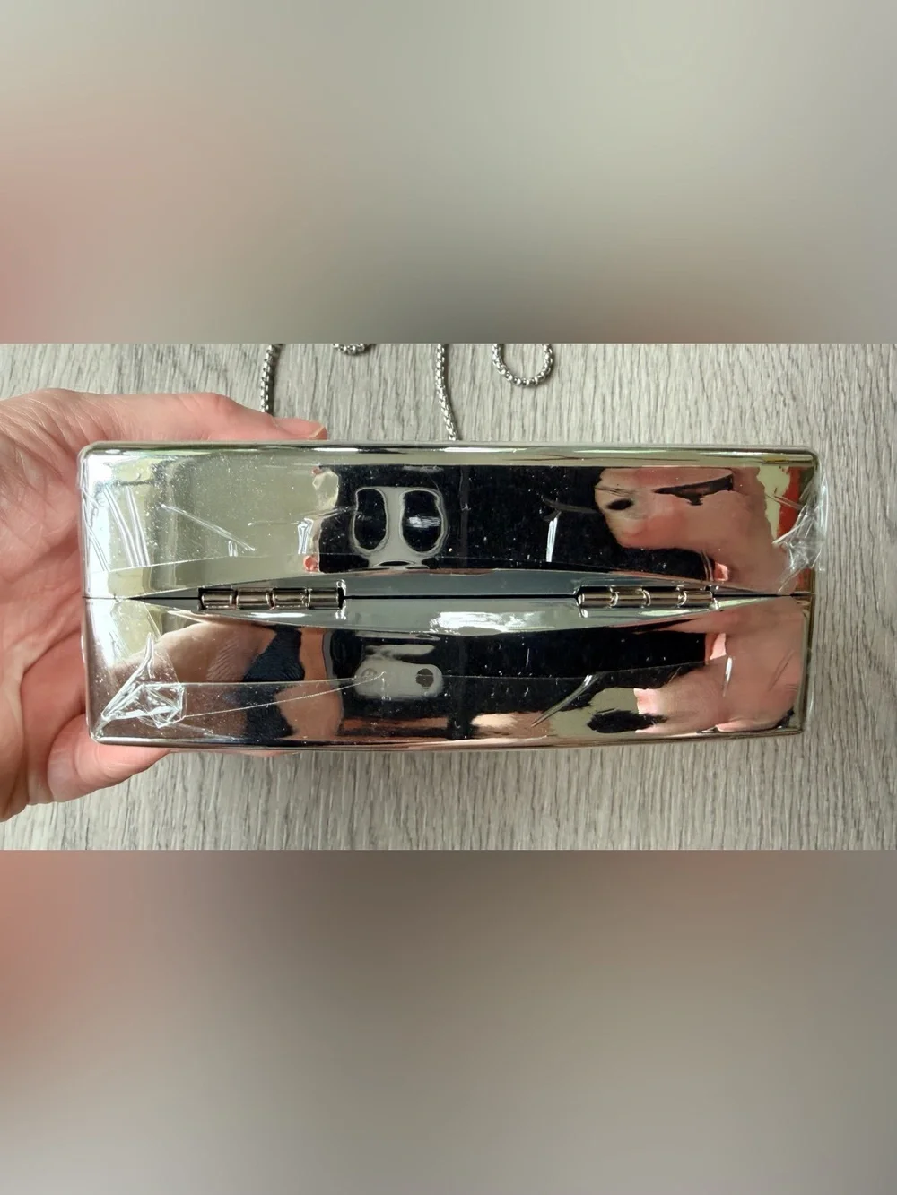 SEALED Source Unknown Silver Chanel Crystal Inset Perfume Bottle Clutch on Chain